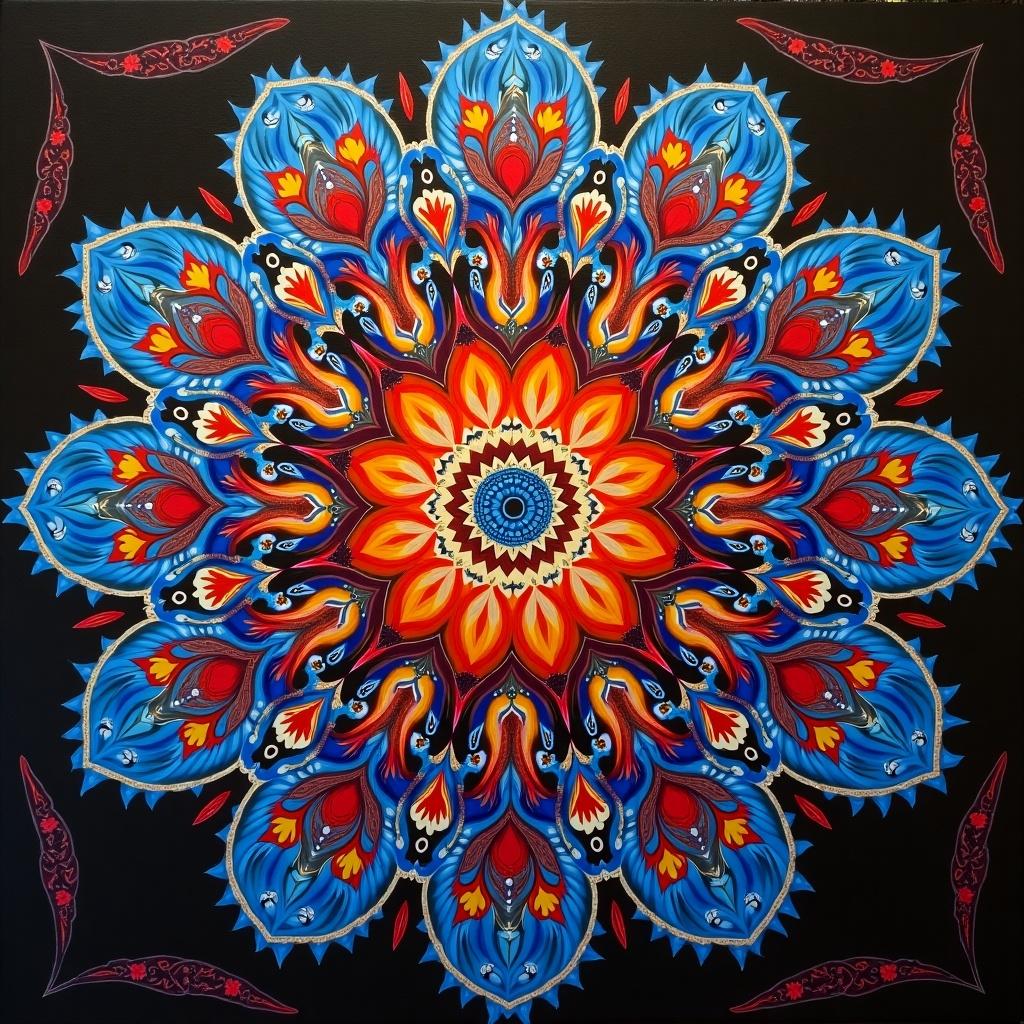 Colorful mandala artwork featuring floral patterns. Vivid colors with intricate details. Dark background enhances the visual appeal.