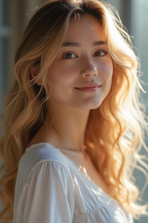 A slender young woman posed in a studio with a warm blonde hairstyle. She has voluminous curls cascading down. The image captures her shoulders while showcasing beautiful details like her eyes and soft skin. The lighting brings out the warm tones of her hair and highlights her elegant posture.