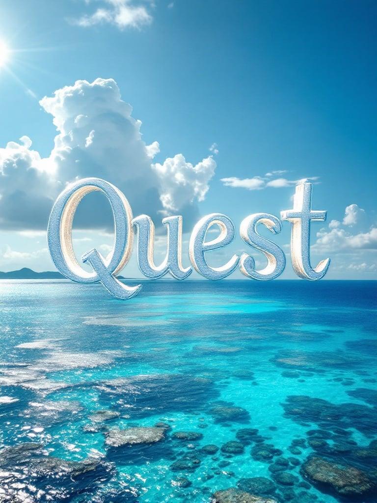 Word 'Quest' soars over stunning Caribbean Sea. Turquoise waters stretch across horizon. Bright sun creates reflections. Sea has coral reefs under crystal-clear surface. Fluffy white clouds drift in brilliant blue sky. Letters have ethereal silver appearance with luminous quality. Gentle glow suggests adventure. A distant silhouette of green islands hints at discovery.