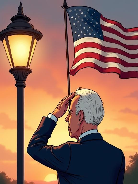 Cartoonish depiction of Joe Biden saluting near a lamp post. American flag waves in the background. The scene is set during sunset. The tone is absurd yet conveys respect.