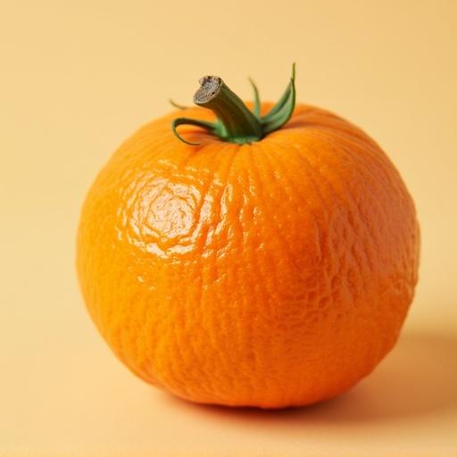 A single ripe orange on a soft yellow background. The orange is round and fresh, with visible texture and a green stem. Simple composition highlights the fruit.