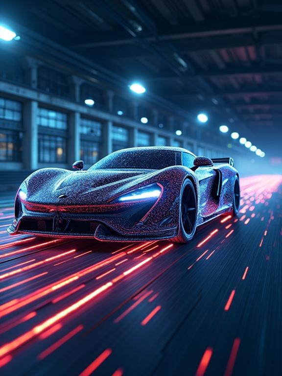 Image for book cover featuring a McLaren P1 in a futuristic setting demonstrating electric circuits in cars. The car has glowing lights and trails, emphasizing speed and technology.