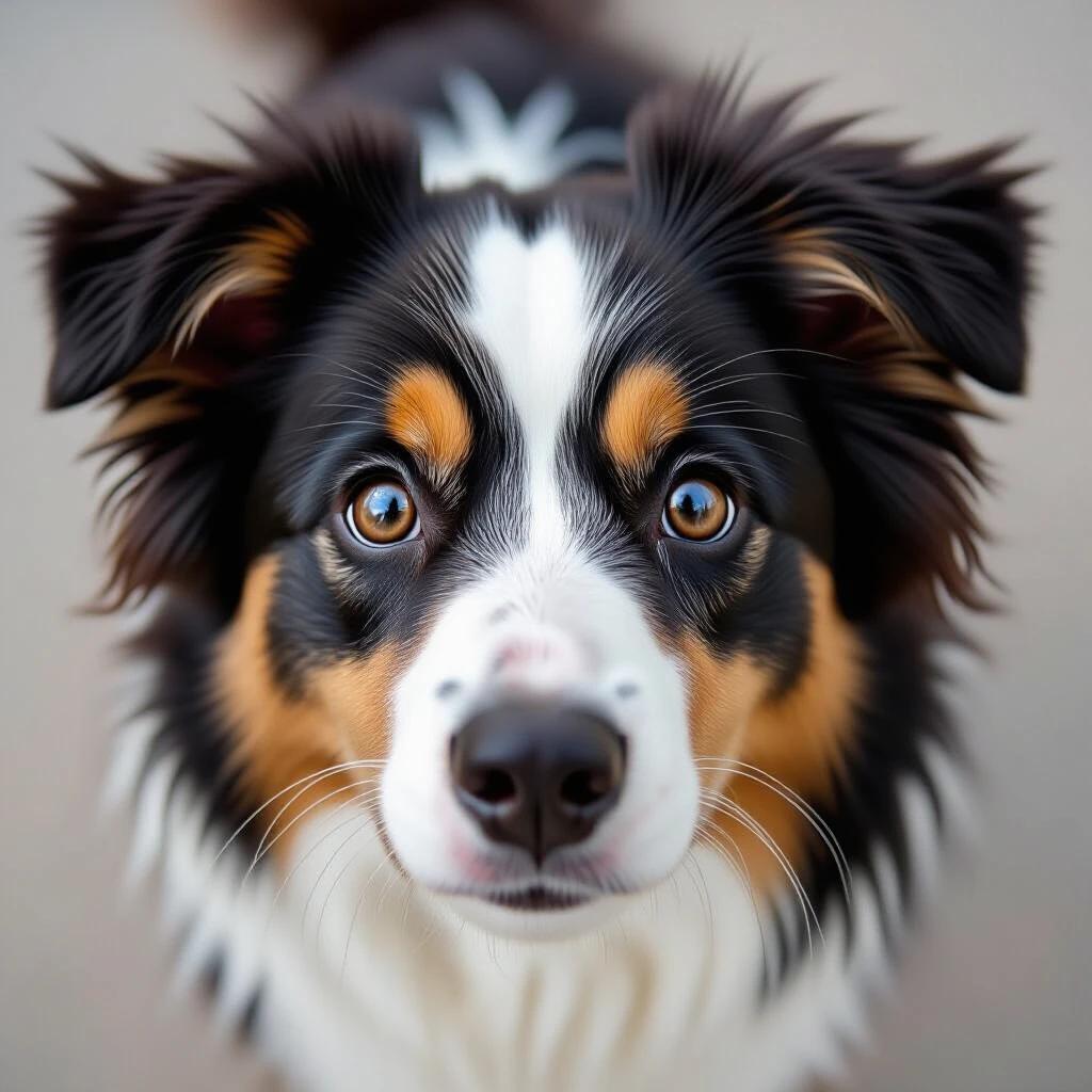 A fluffy black-and-white Border Collie is looking straight at the camera. The dog's eyes are big and round. The focus is on the dog's face with a soft background.