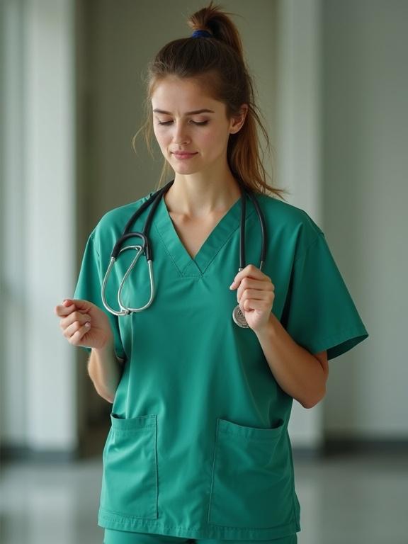 A young woman in scrubs stands in a healthcare setting. She appears tired and distracted. Her hair is in a high ponytail. She wears a green scrub top with a stethoscope around her neck. Her hands are touching her hair. Full body shot.