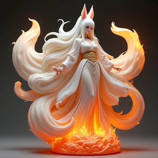 Sensual woman inspired by mythical nine-tailed fox. She has long shiny white hair and pointy fox ears. Elegant kimono features gold and white details. Nine sculpted tails look like flames. Majestic and wise expression. Base carved in spiral fire. Ideal for resin printing.