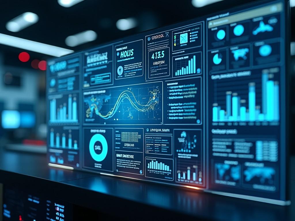 The image shows a modern data analytics dashboard. There are multiple graphs and charts displayed on the screen, all with a high-tech aesthetic. The color scheme is primarily blue, black, and white, providing a cool, professional look. The dashboard is illuminated softly, which emphasizes its graphical content. This visualization represents key metrics and data points, likely used for business intelligence or data analysis tasks.