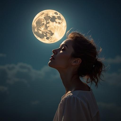 Image of a beautiful woman looking up with the moon in the background. Soft lighting creates a dreamy mood. Woman's hair is styled softly. The moon is large and luminous in the sky.