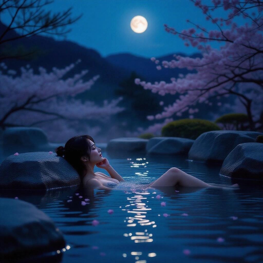 Photograph captures Japanese woman floating in outdoor hot spring at night. Woman submerged in steaming water. Face above surface leaning against gray rock. Legs floating apart. Left hand on cheek. Right hand on thigh. Water reflects bright full moon in dark sky. Pink cherry blossom petals on water. Green spring leaves around stone bath. Blooming cherry trees in background. Composition from below waterline looking up through surface.