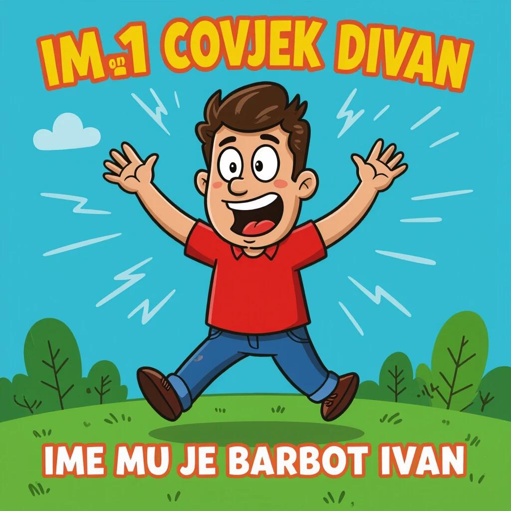 Cartoon character is jumping joyfully expression is happy. Text at the bottom says ima 1 covjek divan next line says ime mu je Barbot Ivan.