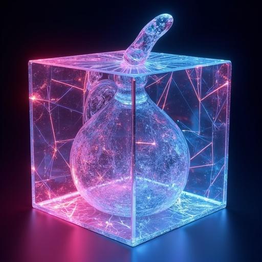 3D luminous text featuring DJ Zoe visual with musical elements. Abstract glass shape showcasing vibrant neon lights.