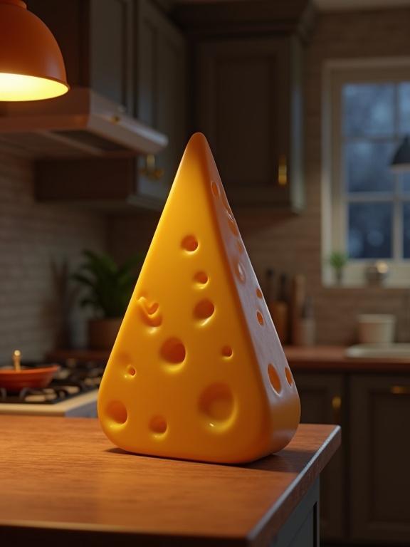 CGI artwork shows a triangular piece of cheese character on a kitchen counter at night. A flirtatious figure made of cheese with holes is depicted under warm kitchen lighting.