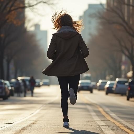 A woman is running on a city street during the golden hour. She wears a coat and leggings. The scenery includes trees and parked cars.