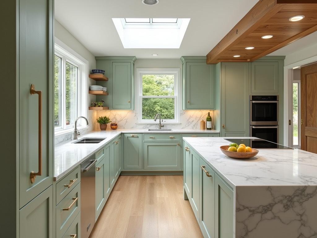 The kitchen features cabinetry in light sage green with chic wood accents and a clean white finish. A stunning white marble countertop extends along the entire length of the countertop, complemented by a matching marble backsplash. Natural light floods the space through windows and a skylight, creating an inviting atmosphere. The kitchen is designed with modern appliances subtly integrated into the cabinetry for a sleek look. Warm overhead lighting adds to the elegant yet comfortable ambiance of the room.