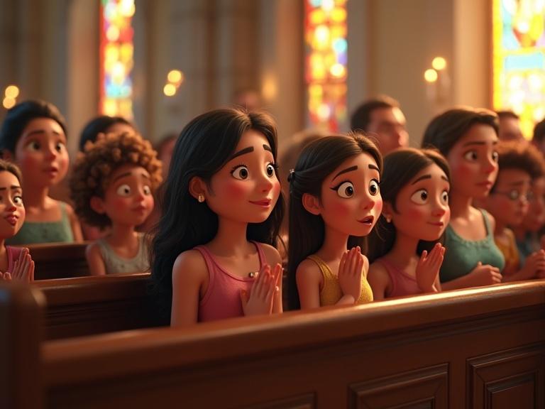 Digital illustration with a Pixar 3D style depicting a traditional church interior during mass. Warm golden light filters through stained-glass windows. Women in close-up huddle together whispering with animated expressions. Men glance sideways pretending to focus. An older character pretends to pray but peeks at the gossip. Background features softly blurred pews, flickering candles, and light beams. The tone is playful and humorous.