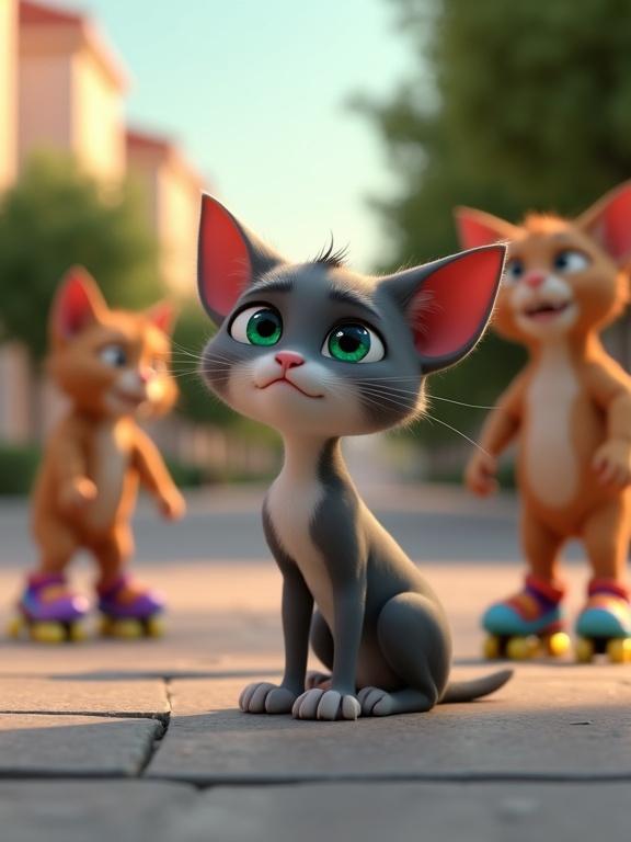 A small gray cat with white facial markings and emerald eyes sits on a sidewalk. Other playful animals skate on colorful rollerblades nearby. The atmosphere is lively yet the cat looks on with longing. The animation is in a Pixar style with soft evening light and detailed expressions.