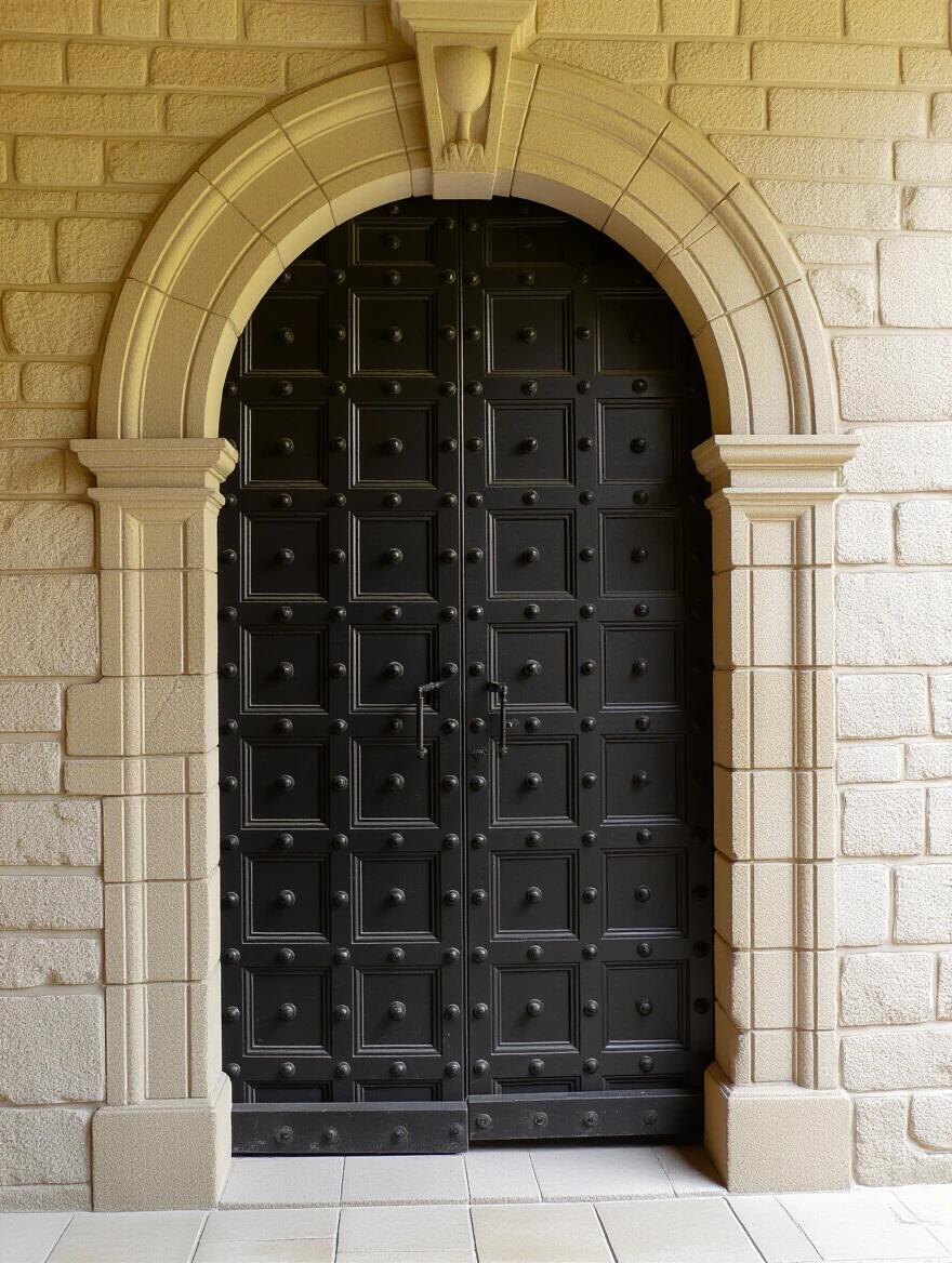 Elegant black door in an arched stone frame of a historical monastery. Door features detailed design elements. Stonework surrounding the door is light beige. Setting suggests mystery and significance.