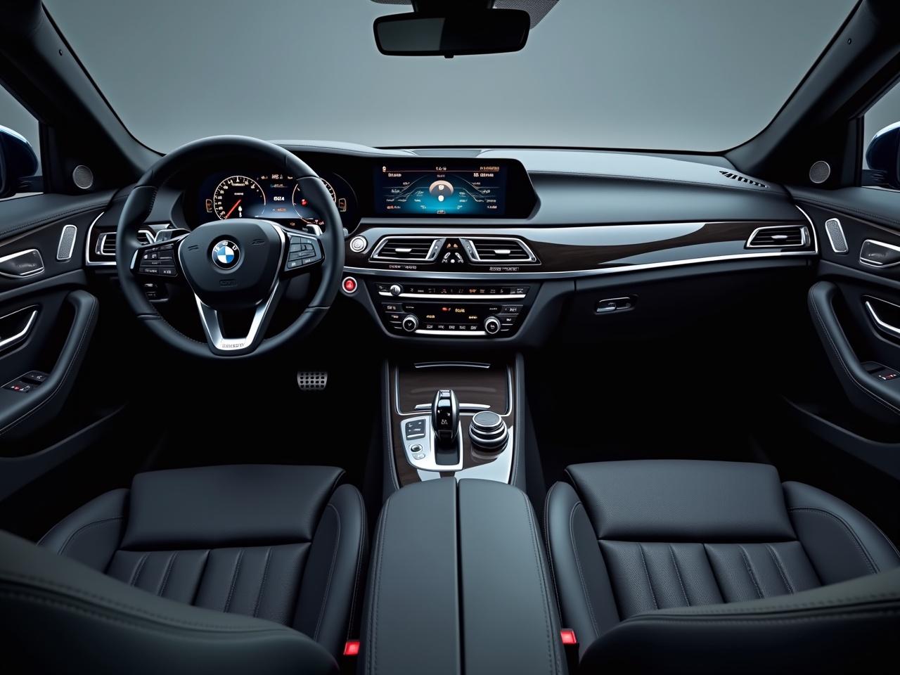 This image shows the interior of a luxury car, featuring high-end materials and modern technology. The dashboard is equipped with large digital displays that provide information about the vehicle's performance and navigation. The steering wheel is designed with multiple controls for easy access to features. The seats are upholstered in leather with a stylish quilted pattern, providing both comfort and elegance. Ambient lighting can be seen, enhancing the interior aesthetics. The center console has a sleek design with various buttons and controls, making it easy to manage the vehicle's systems.