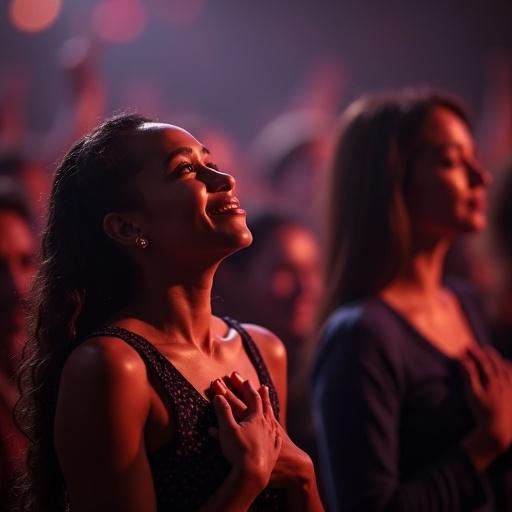 Ultra-realistic shot capturing a concert atmosphere. Focus on individuals expressing deep emotions. Audience visibly moved with tears or hands over hearts. Music evokes strong feelings. Concerts as a space for emotional expression.