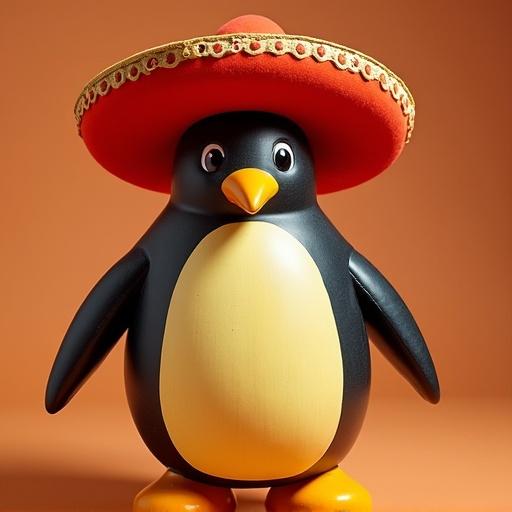 Penguin wearing a velvet sombrero. Playful sculpture style inspired by Claes Oldenburg. Bright red and yellow colors.