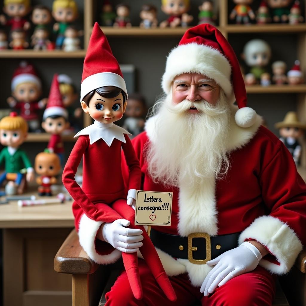 Elf on the shelf in red outfit with white trim and collar holding a sign with message. Sitting with Santa in toy workshop. Funko Pops in background.