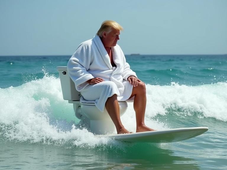 Person in a bathrobe riding a surfboard made from a toilet in ocean waves. Playful and absurd scene highlighting humor.