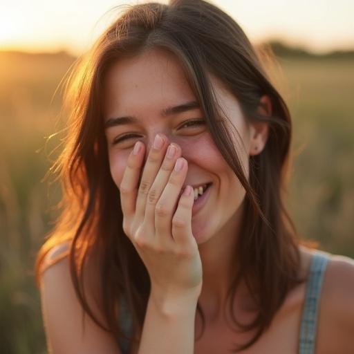 Realistic portrait of cute playful young woman with pale skin and dark brown hair laughing at a joke. She shows natural beauty without makeup and crows-feet wrinkles. Wearing a light summer dress and covering her mouth with her hand, she appears embarrassed by her laughter. Body bends slightly while laughing. Photo taken at eye-level with an 85mm camera from a diagonal viewpoint during golden hour.