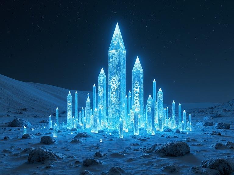 A cluster of glowing blue crystals in a nighttime landscape; ethereal light illuminates crystals; night sky filled with stars; foreground features rocky terrain; surreal and otherworldly ambiance.