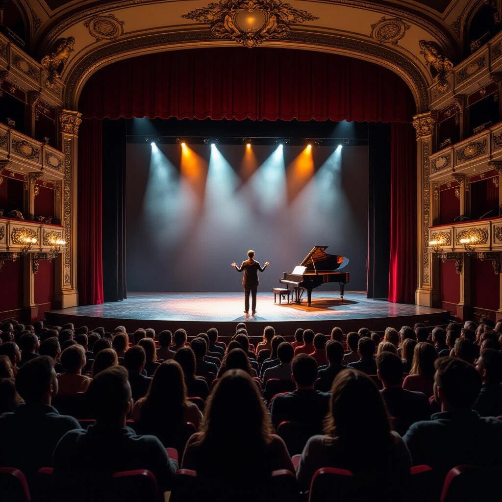 A theater scene where an audience is watching a performance on stage. The stage has a grand piano and a pianist. The lighting creates a dramatic atmosphere focusing on the performers. The audience is engaged in the performance.