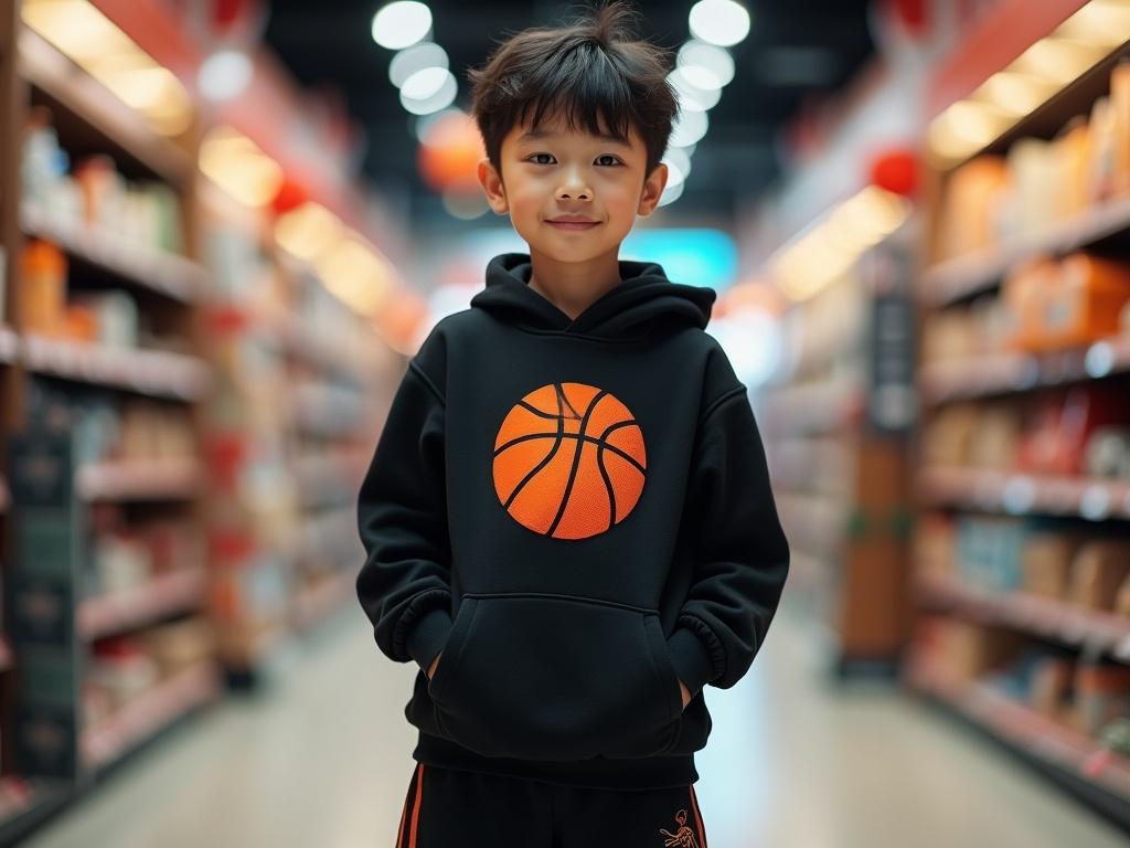Create an image of a boy wearing a black hoodie with a basketball graphic and matching black shorts with pockets. The background should feature a blurred Asian department store setting, emphasizing a photorealistic look, utilizing natural light.