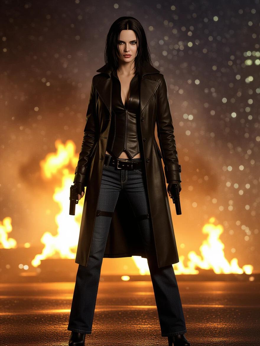 Female character in a long black coat holding guns in front of a fiery background. She wears jeans and exudes confidence. The scene captures the essence of a dark action fantasy.