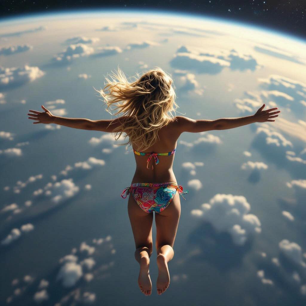 Blonde girl viewed from behind flying through the atmosphere's exosphere. Full-body view with arms and legs extended wearing a colorful bikini. Earth's curvature visible in the background with outer space above.