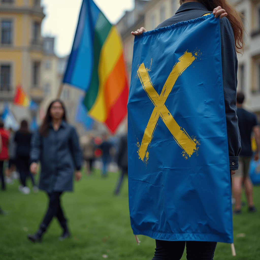 A person holds a blue flag with a yellow 'X', amidst a crowd holding various colorful flags.