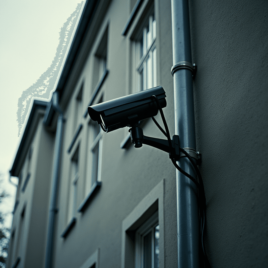 A security camera mounted on the side of a building.