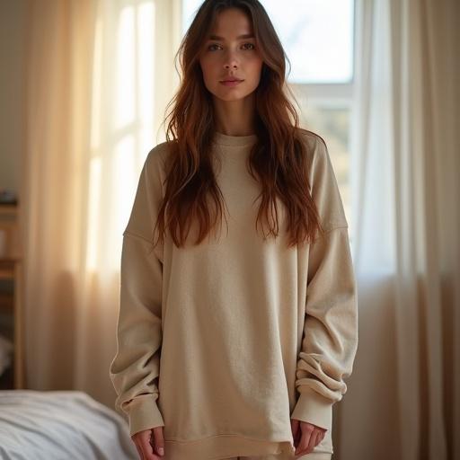 Full-body photo of a natural young woman in a cozy bedroom. Woman has long chestnut brown hair in soft waves. She is wearing a beige oversized T-shirt and fuzzy socks. Soft daylight comes through the window. The mood is warm and relaxed. Woman stands casually with her arms down.