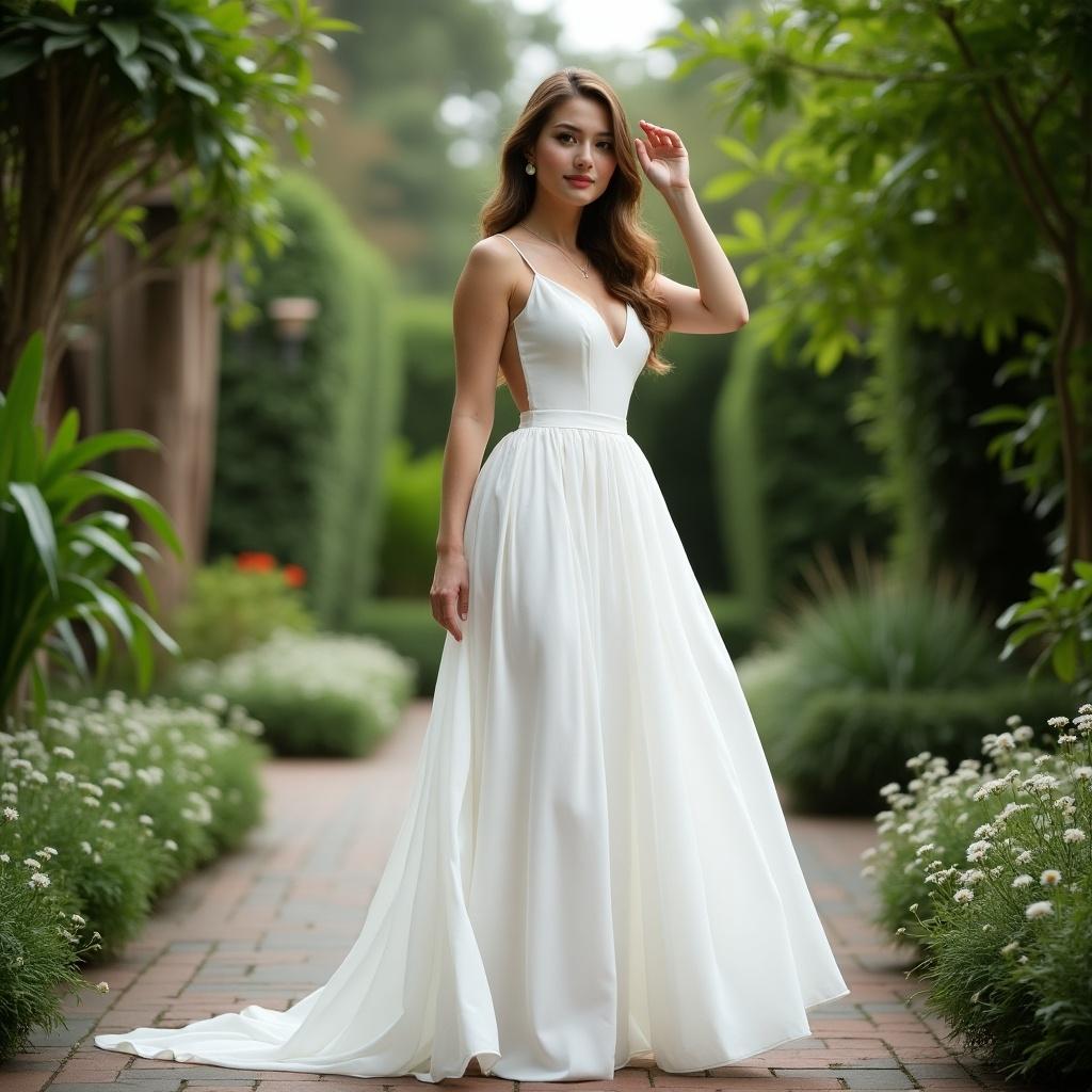 A woman poses in a stunning white dress in a lush garden. The atmosphere is serene with abundant greenery.