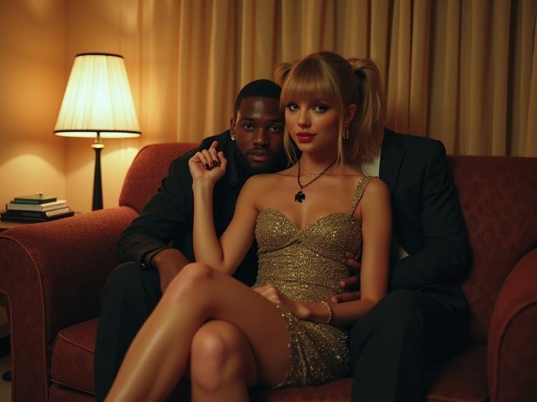 A woman sitting on a couch wearing a sparkly dress. A man sitting behind her holding her close. Cozy scene in a motel room with soft lighting. Warm colors creating an intimate vibe. Woman has long blonde twintails and heavy makeup.