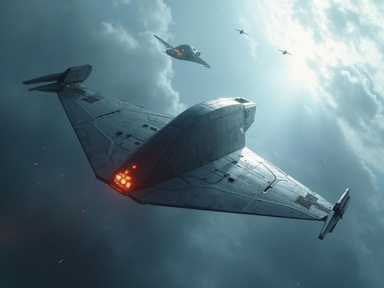Cinematic image featuring military sci-fi dropships in a sleek bevel shape. Grey metal texture with burnt and scratchy effects. Dropships are depicted in a white and blue atmospheric setting, showcasing realism with detailed shadows and textures.
