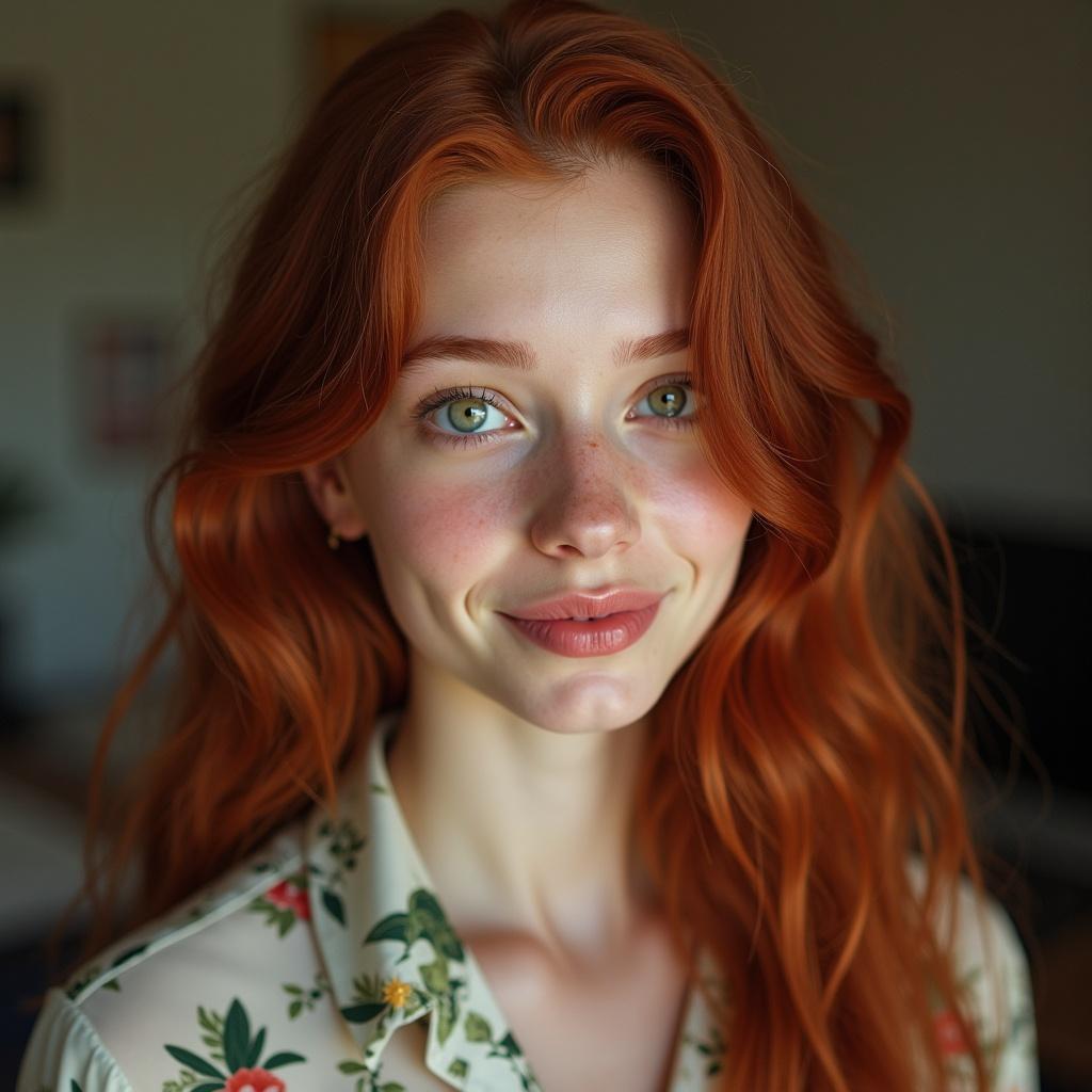 A young woman in Brooklyn characterized by sharp features and a charming smile. She has a pale, freckled complexion with high cheekbones. Bright emerald-green eyes with arched eyebrows. Long, thick dark red hair styled casually. Dressed in jeans and a floral shirt. Her pose reflects a confident and relaxed vibe.