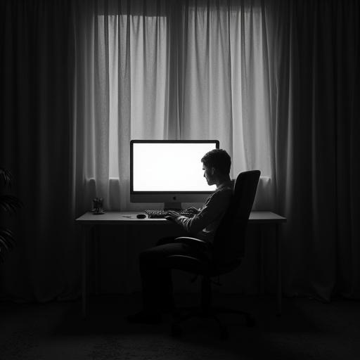 Dusty black and white photo of an office scene. Curtain hangs from the ceiling. Camera peers through a hole in the curtain. A black box computer with a screen on the desk. A chair is in front of the desk. Dusty air and grains are visible. The screen lights up the space. A spotlight from the ceiling shines onto the desk. Dark surroundings with a mouse and keyboard on the desk. Mysterious atmosphere and glitching screen.