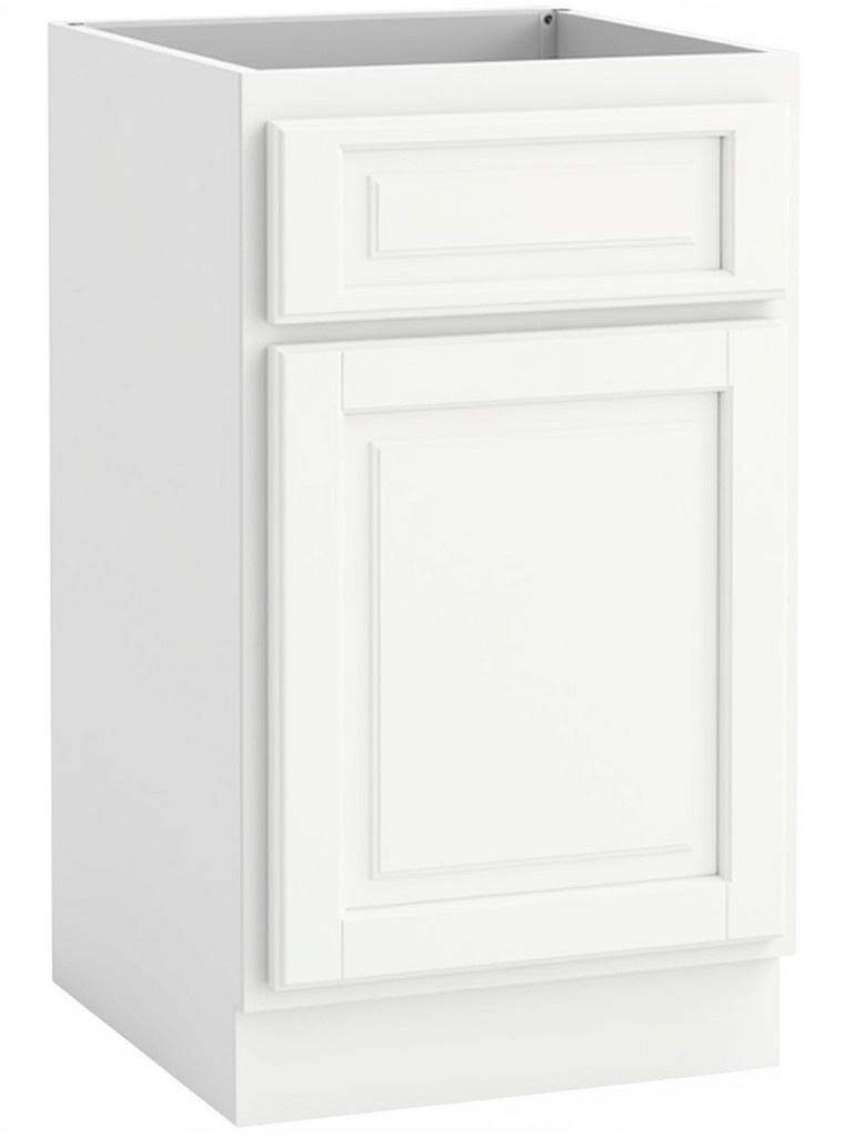 Base kitchen cabinet designed in shaker style. White cabinet has one door and one drawer. Simple and elegant design suitable for modern kitchens.