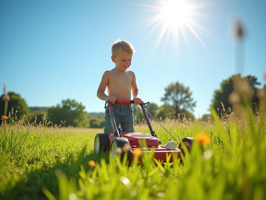 A young child pushing a toy lawnmower in a sunny field, with trees and blue sky in the background.