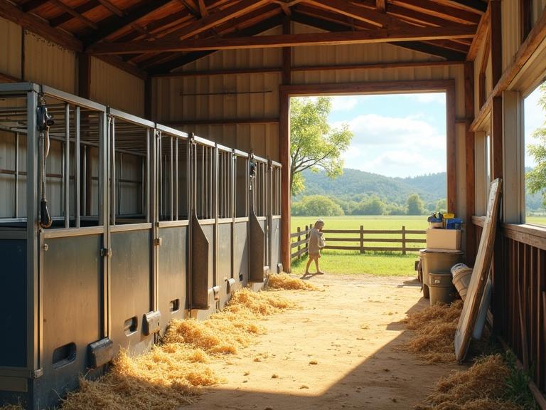 A small rural barn with three large stalls and fresh straw on the floor. A classic farm shed and a kei truck are nearby. A green pasture with a wooden fence is visible outside. Tools and supplies are stacked in a corner. Sunlight creates a warm atmosphere.