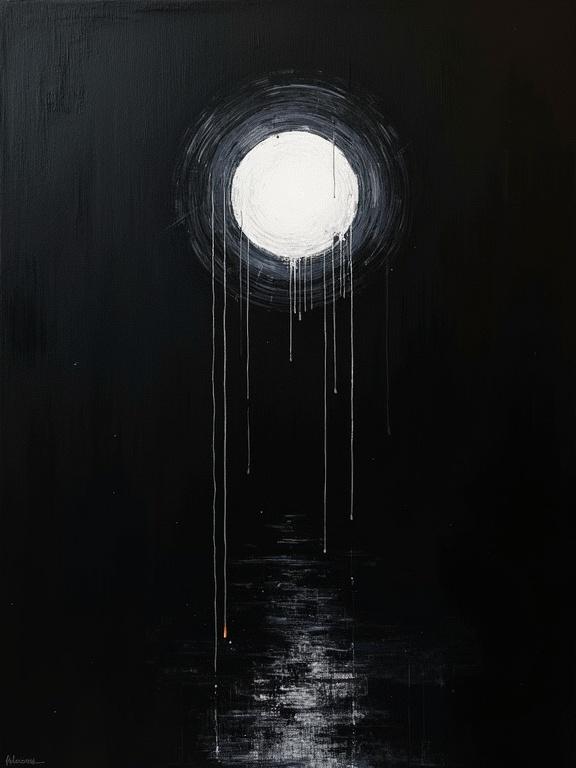 Digital oil painting features a large white moon creating a striking contrast against the completely black background. The strokes are harsh and the painting includes absurdist elements. There are flat colors and shadows indicating geometric noise. The composition conveys a minimalist style using formless shifting voids. It invites contemplation and evokes a sense of depth in the dark.