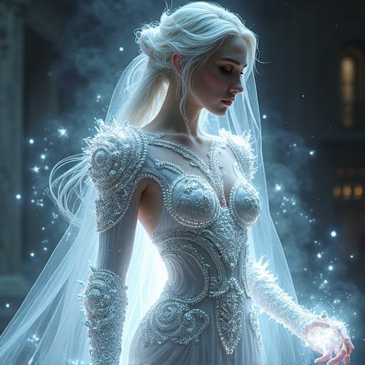 Goddess figure characterized by beauty and strength. Intricate luminous armor adorned with crystal and silver, combined with a white plasma electromagnetic shield. A background evokes a starry night with a Persian paisley theme.
