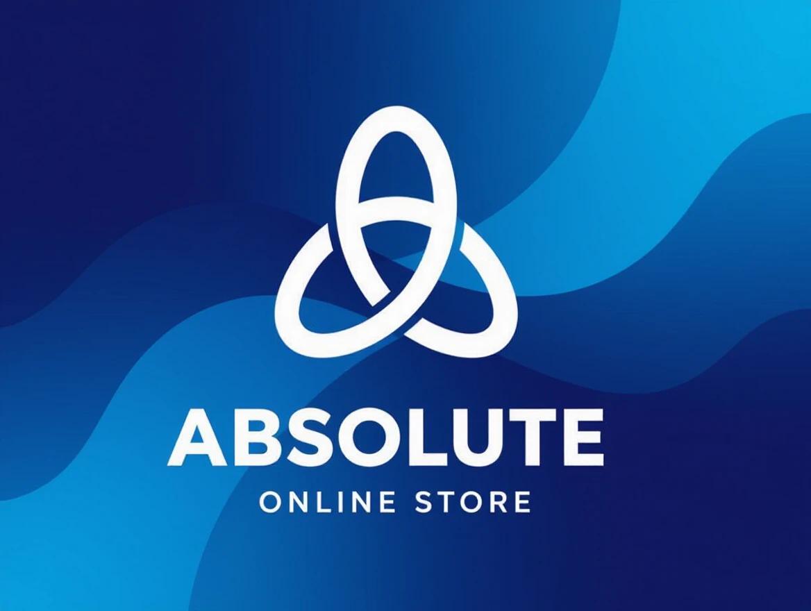 Modern logo for online store with clean white symbol on gradient background. Features abstract geometric symbol with three interconnected ovals. Word 'ABSOLUTE' in bold sans-serif typography. Corporate and professional style with layered gradient effects.