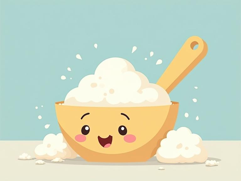 Colorful cartoon illustration in Duolingo style features white flour. Clean lines and flat vibrant colors like white, beige, blue and yellow used. Soft pile of white flour in a bowl with scattered dust on a simple background. Happy flour character included.