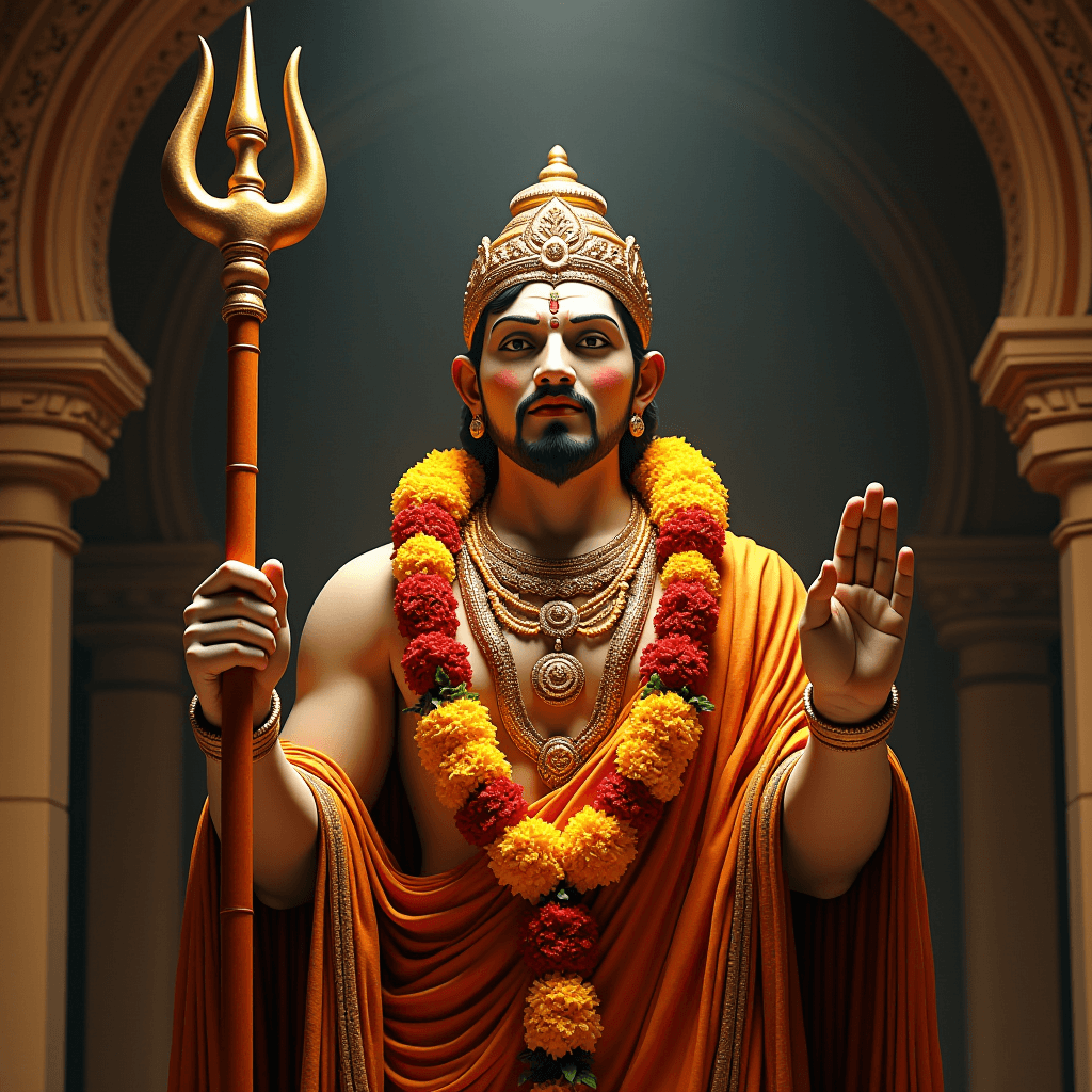 A regal deity adorned in golden ornaments and marigold garlands, holding a trident in a grand architectural setting.