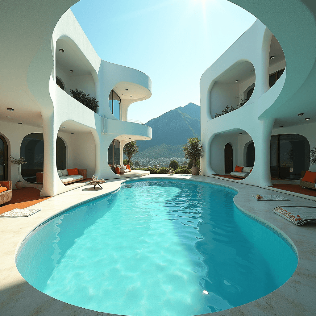 A futuristic architectural home features an elegant swimming pool and stunning mountain views.