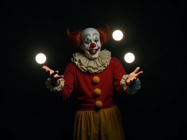 Clown juggling glowing light balls in darkness. Parts of clown’s face, hands, outfit briefly revealed by moving orbs. Glowing balls leave light trails. Background is pitch black. Slow dramatic juggling motion. Cinematic lighting and eerie ambiance.