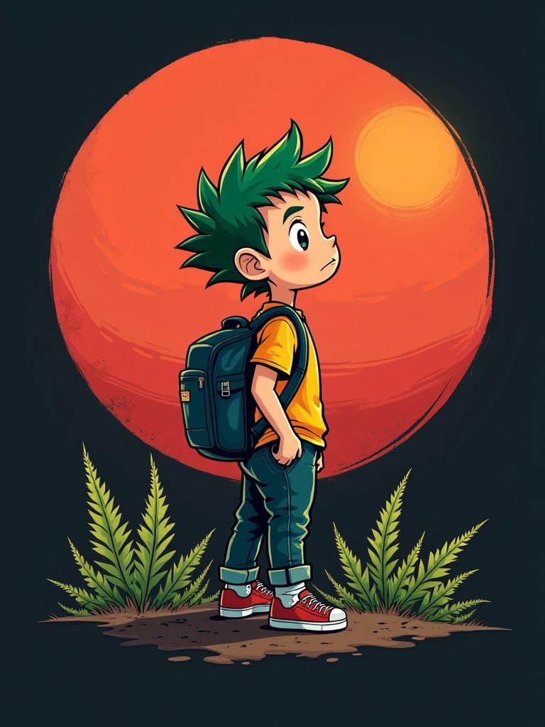 A cartoon styled boy stands confidently. He has spiky green hair. He wears a casual outfit with a backpack. A large red circle mimics a sunset backdrop. Ferns decorate the ground.